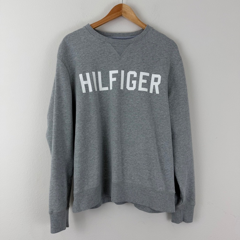 Tommy Hilfiger Mens Large Gray Logo Crewneck Sweatshirt Heather Pullover 0443